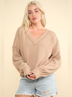 VERY J Exposed Seam V-Neck Ribbed Knit Top